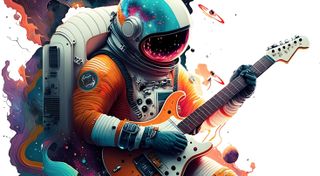 A colorful astronaut plays an electric guitar