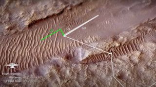 flight map for nasa's ingenuity mars helicopter, showing white and green lines superimposed over a landscape of sand dunes and other rough terrain