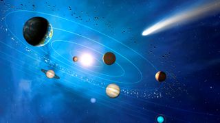 Artist's illustration of our solar system. It shows planets orbiting the sun and a large comet sweeping in from the top right corner. 