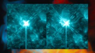 two image stills of solar flares erupting from the surface of the sun. The X-flare is on the left and the M-flare is on the right. 