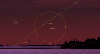 a low pink horizon of grass rests beneath a red-hued sky. In the center, an orange circle is sliced diagonally by a green line extending from the horizon on the left, through to the top right. Small points labeled Uranus and Mercury reside within the circle. To the left, M 45 is also labeled near a smattering of stars.