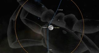 a giant transparent crab in the night sky in captured within a yellow circle. The full moon hangs in the center. Just to its left, a point is labeled "Antares," connecting blue lines tracing points to indicate the constellation shape.