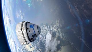 Illustration of Boeing's Starliner capsule in space with Earth in the background.