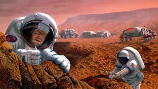 Two people in spacesuits walk the surface of a rust colored planet. The astronaut in the foreground looks at something far away, in wonder. The astronaut to the right and slight behind leans on a rock formation and holds a hammer. A many-wheeled rover is parked behind them and in the distance, some habitat modules.