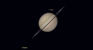 Saturn slants slightly light, its rings slicing the gaseous body in half. Just above the planet, small moon Titan is labeled. Far below to the left, Enceladus.