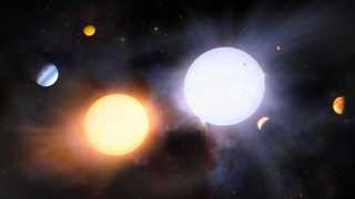 A yellow orb and a white orb in space. There are a few planets scattered around.